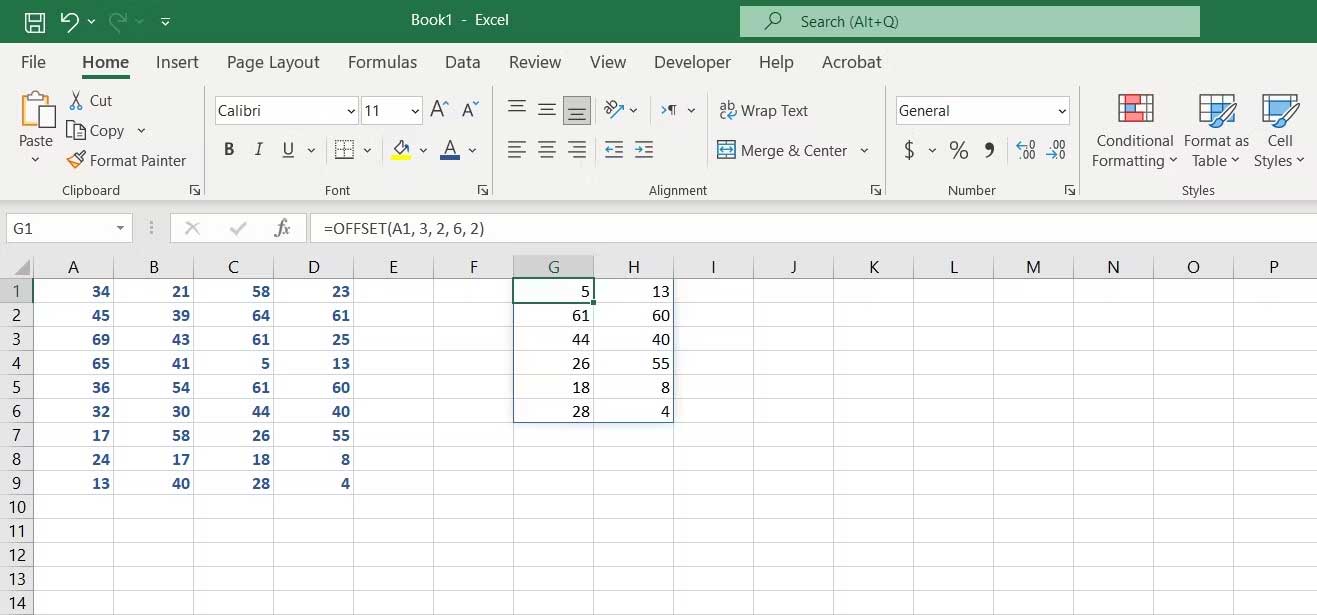 Ví dụ về cách dùng hàm offset trong Excel