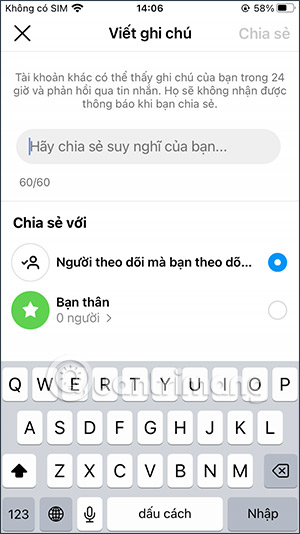 Giao diện viết ghi chú Instagram