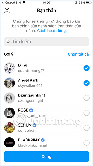 Chọn bạn thân Instagram