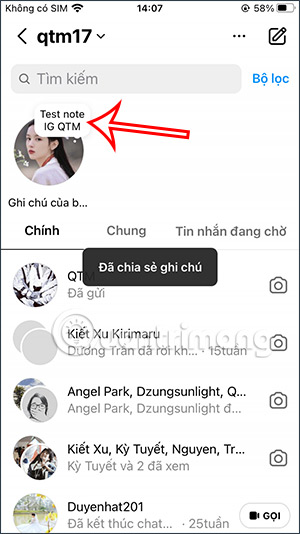 Hiện ghi chú trên Instagram