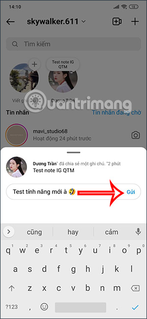 Gửi phản hồi ghi chú Instagram
