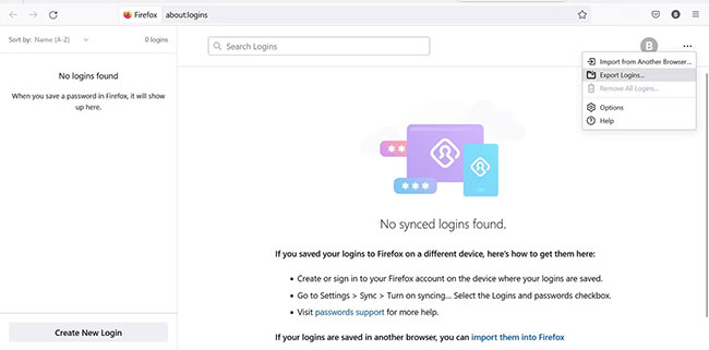 Nhấp vào tùy chọn Export Logins… để xuất mật khẩu từ Firefox