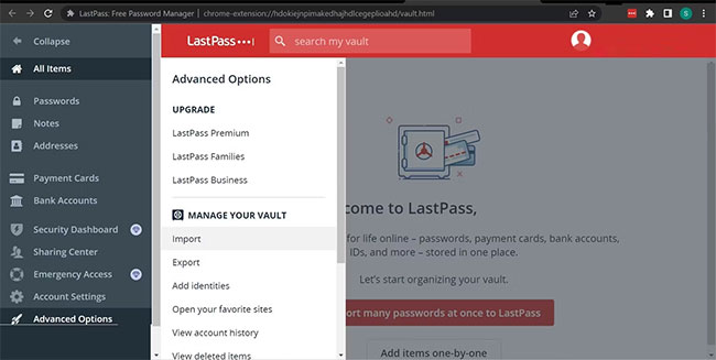 Nhấp vào tùy chọn Import trong Advanced Options của tiện ích mở rộng LastPass