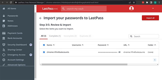 Nhấp vào nút Import all để upload lên tất cả mật khẩu trong tiện ích mở rộng LastPass