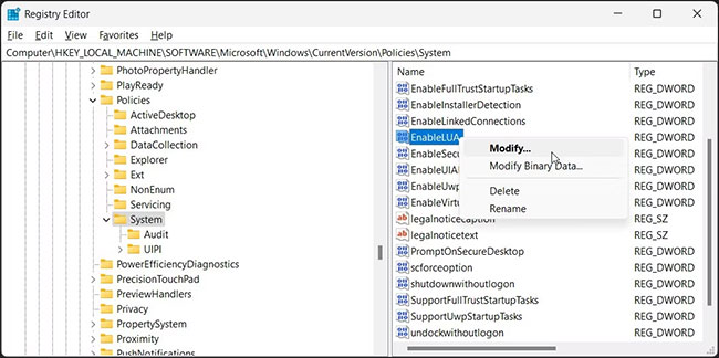 Trình soạn thảo Registry sửa đổi enableLUA