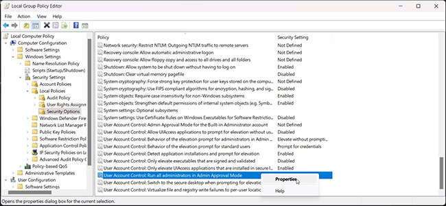 User Account Control trong Group Policy Editor
