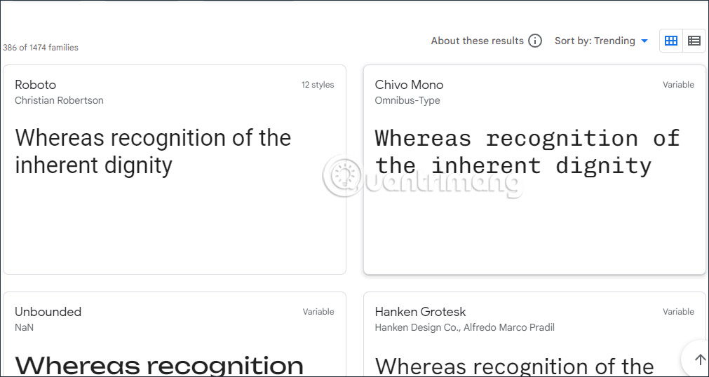 Giao diện Google Fonts
