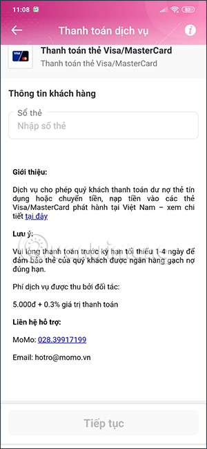 Thông tin thanh toán thẻ Visa/MasterCard