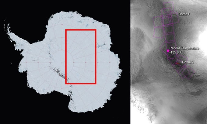 Vệ tinh NASA ghi nhận khu vực có nhiệt độ lạnh nhất thế giới ở Nam Cực. Ảnh: NASA.