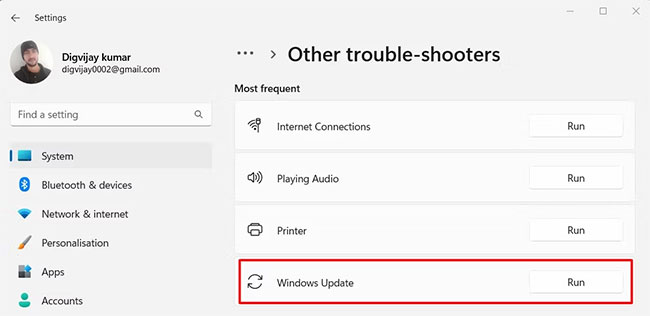 Chạy trình khắc phục sự cố Windows Update