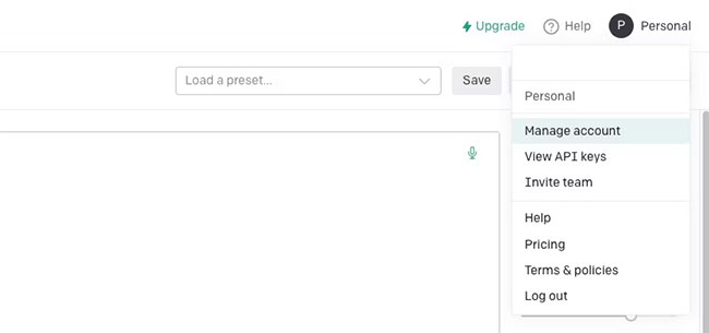 OpenAI Playground hiển thị menu tài khoản.