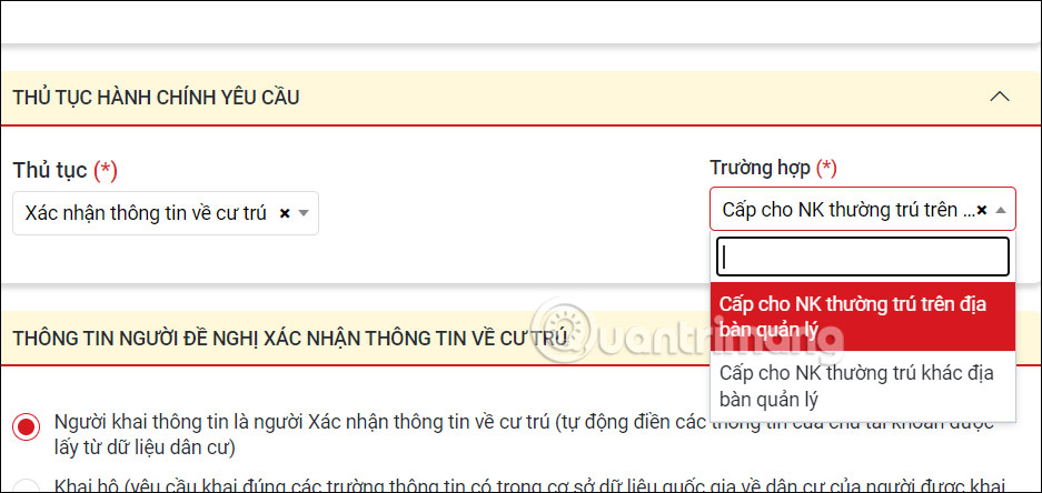 Chọn loại hồ sơ thông tin về cư trú