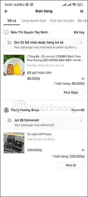 Sản phẩm đã đặt trên TikTok Shop