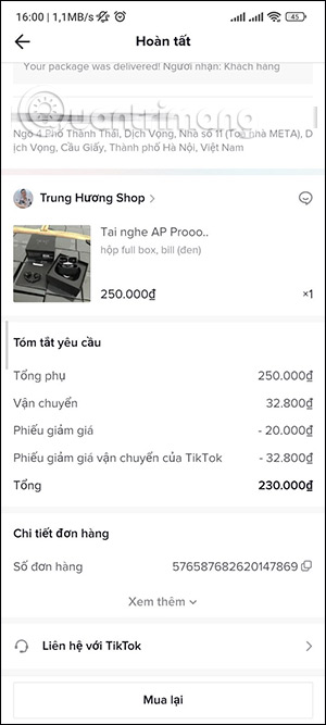 Xem thông tin sản phẩm đặt trên TikTok Shop