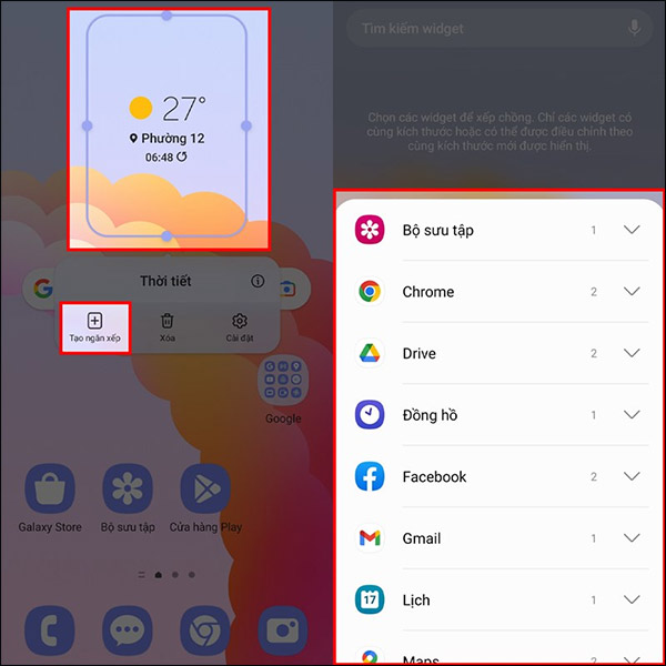 Chọn widget từ ứng dụng 