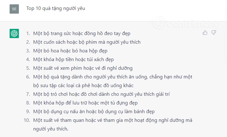 Gợi ý quà tặng người yêu từ ChatGPT