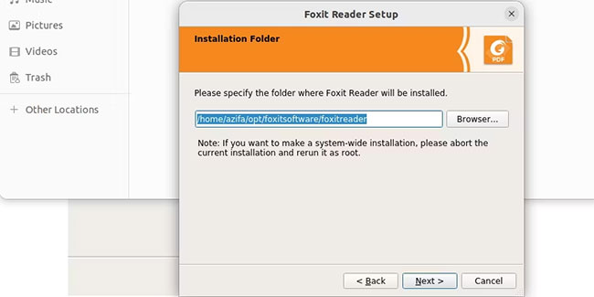 Cài đặt Foxit Reader yêu cầu người dùng chọn thư mục để cài đặt Foxit