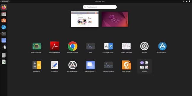 Màn hình bắt đầu của Ubuntu hiển thị các ứng dụng đã cài đặt
