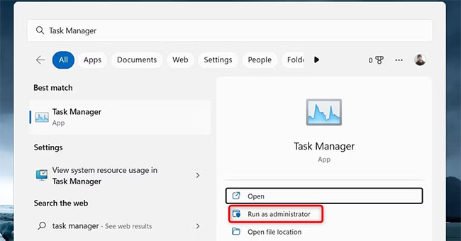 Mở Task Manager bằng công cụ tìm kiếm