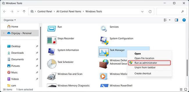 Mở Task Manager bằng menu Start