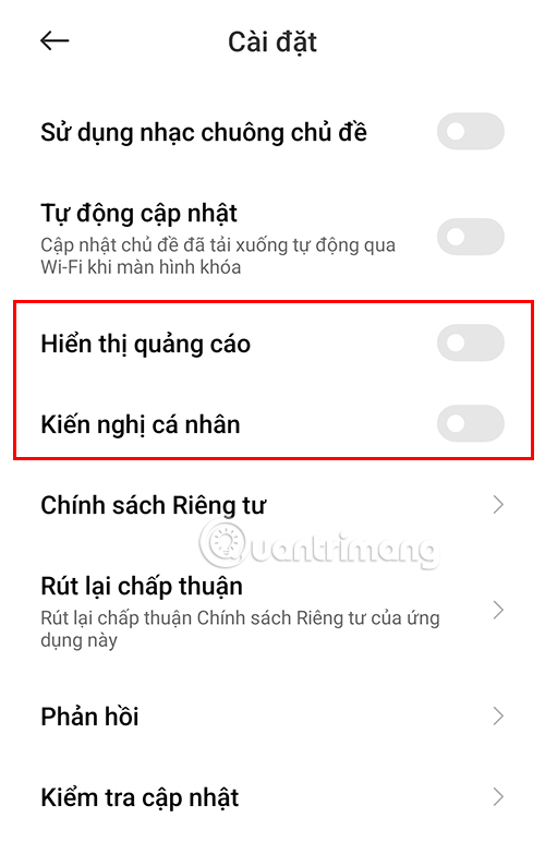 Tắt quảng cáo từ ứng dụng Chủ đề