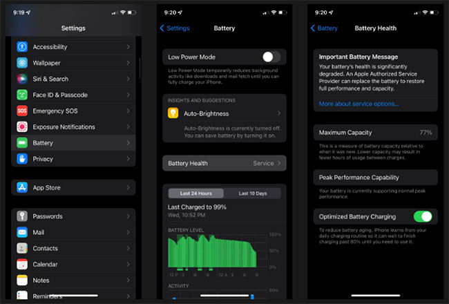 Cài đặt và tình trạng pin iPhone trong menu cài đặt iOS