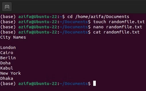 Một file văn bản đang được tạo trên Ubuntu terminal