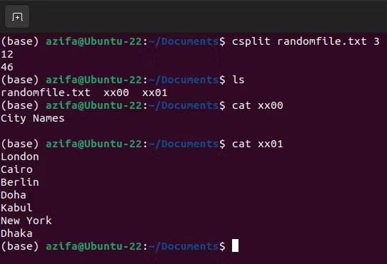 Ubuntu Terminal đã dùng lệnh csplit để chia nhỏ file