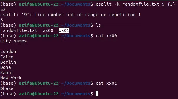 Lệnh csplit đã được sử dụng với tùy chọn k