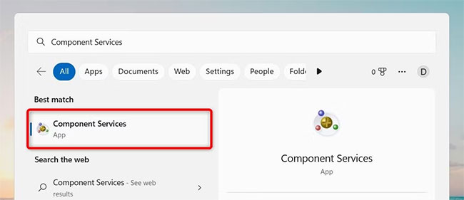 Mở Component Services bằng Windows Search