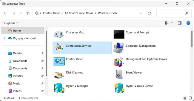 Mở Component Services bằng Windows Tools