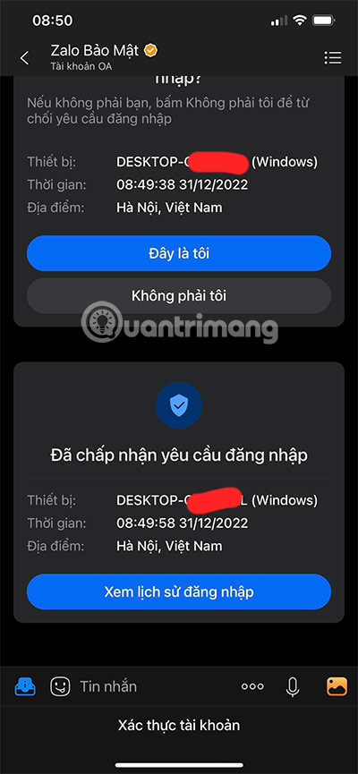 Đăng nhập Zalo không mật khẩu