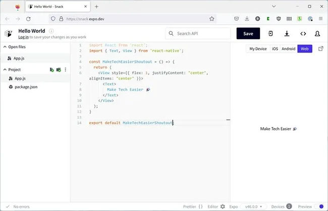 Dùng React Native và Expo phát triển Snack