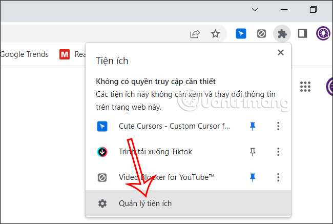 Quản lý tiện ích trên Chrome
