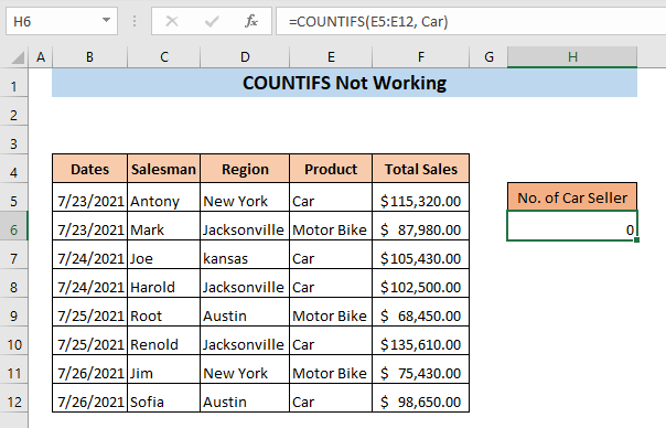 Sai công thức hàm COUNTIFS