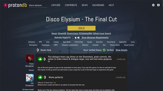 Trang Disco Elysium của web site ProtonDB