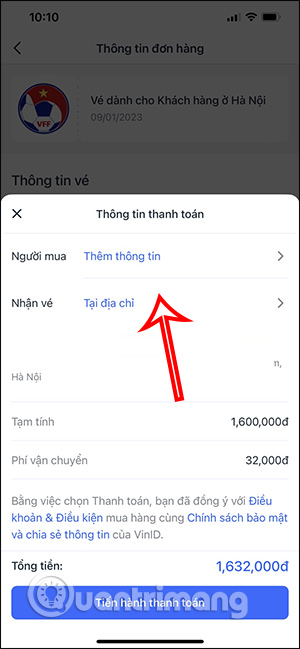 Giao diện thông tin mua vé bán kết AFF Cup