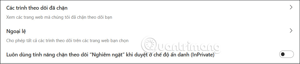 Thông tin ngăn chặn theo dõi trên Microsoft Edge PC