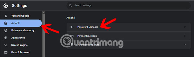 Vào phần Autofill > Password Manager