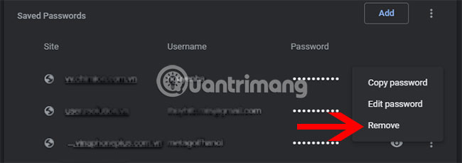 Select Remove to delete the saved password