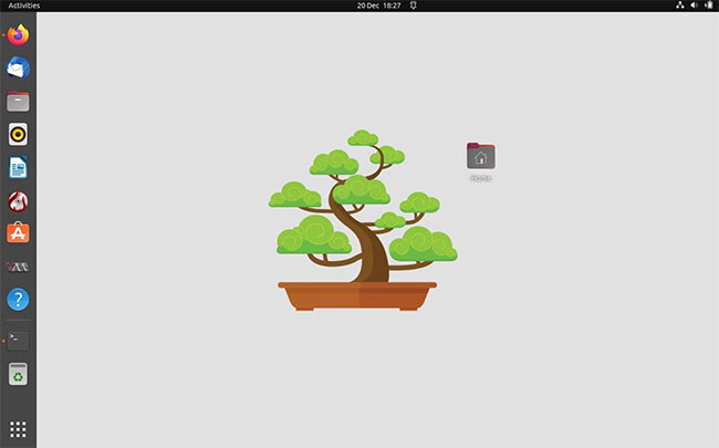 Ubuntu với hình nền hiển thị cây bonsai