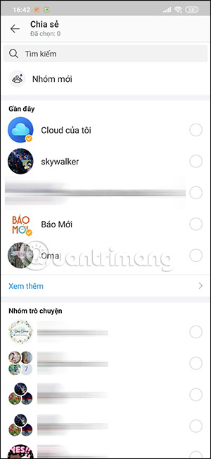 Chọn tài khoản chia sẻ liên hệ Zalo