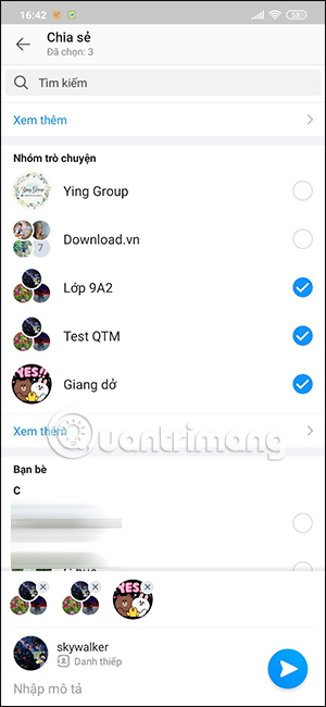 Chọn tài khoản muốn gửi liên hệ Zalo