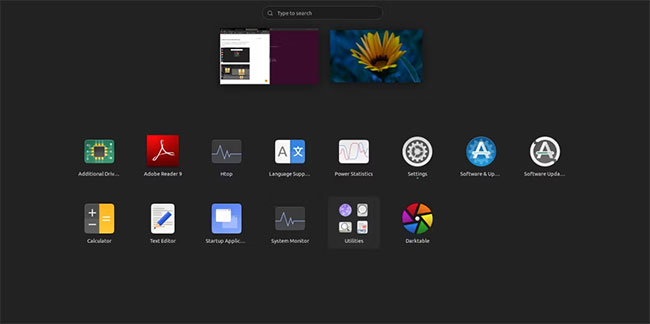 Biểu tượng Darktable được hiển thị giữa các ứng dụng đã cài đặt trên Ubuntu