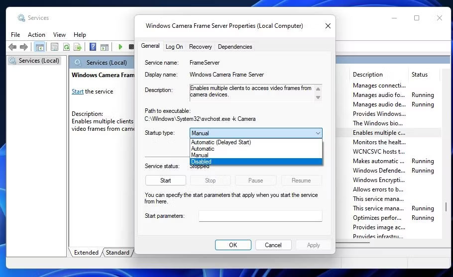 Cửa sổ Windows Camera Frame Server Properties