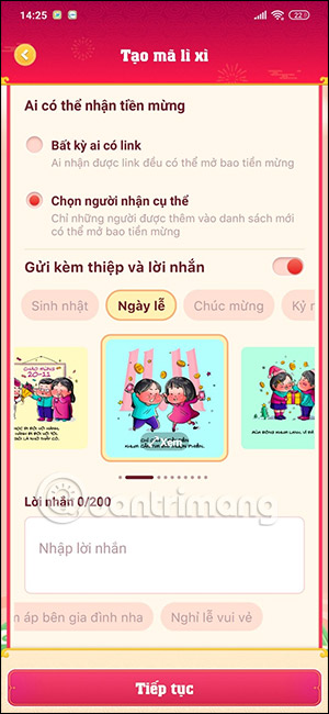 Gửi tiền mừng theo thiệp trên MoMo