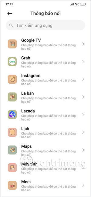 Chọn ứng dụng bật thông báo pop-up Xiaomi