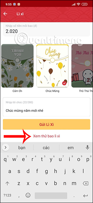 Nhập lời chúc bao lì xì ZaloPay