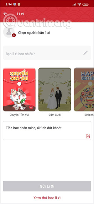 Giao diện gửi lì xì trên ZaloPay