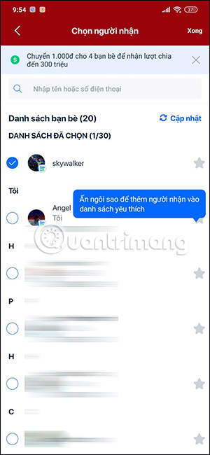 Chọn người lì xì trên ZaloPay